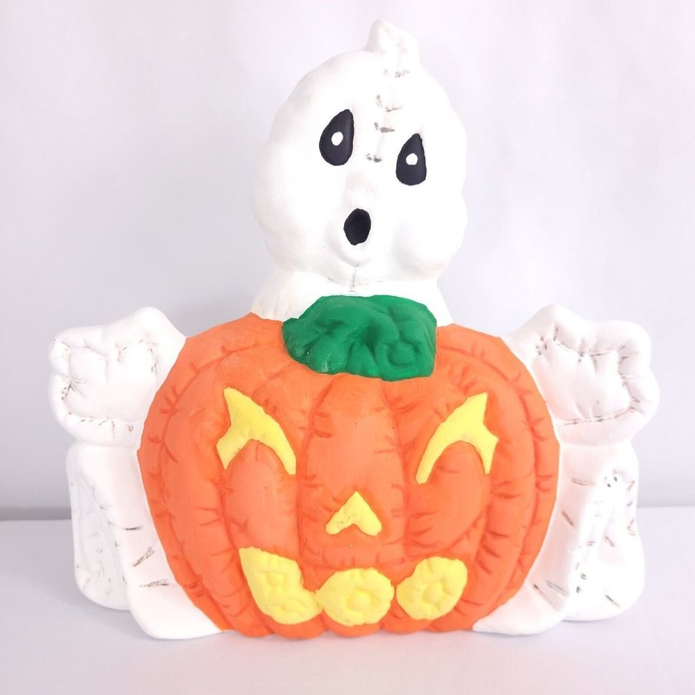 Handpainted Ghost w/ Jack O' Lantern Pumpkin Boo Mouth Ceramic Halloween Figure